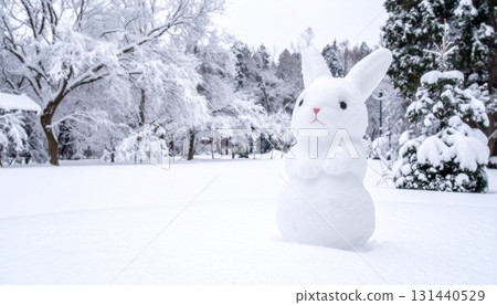 Snow Rabbit: A snow sculpture made by solidifying snow into the shape of a rabbit. 131440529