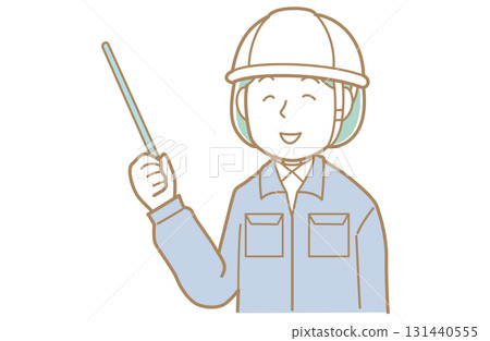 一名身穿工作服、頭戴頭盔的婦女用指針指向的插圖 一名身穿工作服、頭戴頭盔的婦女用指針指向的插圖 131440555