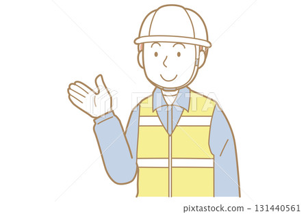 一名身穿工作服、戴著頭盔和安全背心的男子伸出手的插圖 一名身穿工作服、戴著頭盔和安全背心的男子伸出手的插圖 131440561