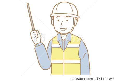 一名身穿工作服、頭戴頭盔、身穿安全背心的男子用指針指向的插圖 一名身穿工作服、頭戴頭盔、身穿安全背心的男子用指針指向的插圖 131440562