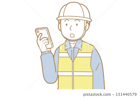 戴著頭盔、安全背心和工作服的男子操作智慧型手機的插圖 戴著頭盔、安全背心和工作服的男子操作智慧型手機的插圖 131440579