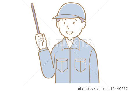 Illustration of a smiling man in work clothes and a hat pointing with a pointer Illustration of a smiling man in work clothes and a hat pointing with a pointer 131440582