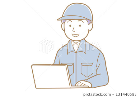 一名身穿工作服、戴著帽子的男子麵帶微笑,正在使用電腦的插圖 一名身穿工作服、戴著帽子的男子麵帶微笑,正在使用電腦的插圖 131440585