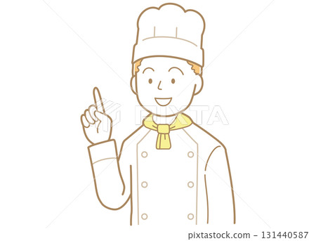 一位年輕男廚師指著的插圖 一位年輕男廚師指著的插圖 131440587