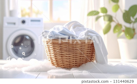 Towels in Woven Basket with Soap Bubbles 131440629