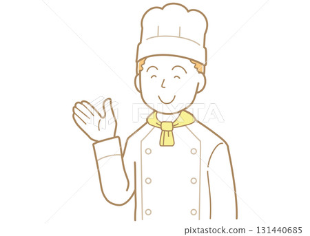 一位年輕男廚師手掌向上擺姿勢的插圖 131440685