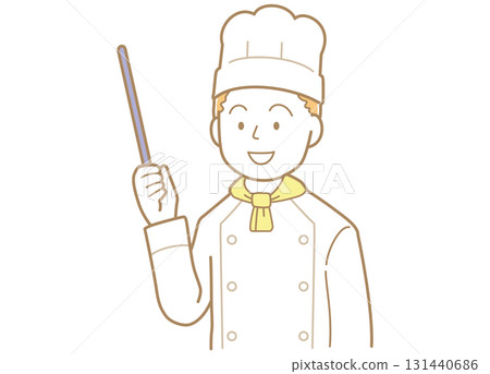 Illustration of a young male chef pointing with a pointer 131440686