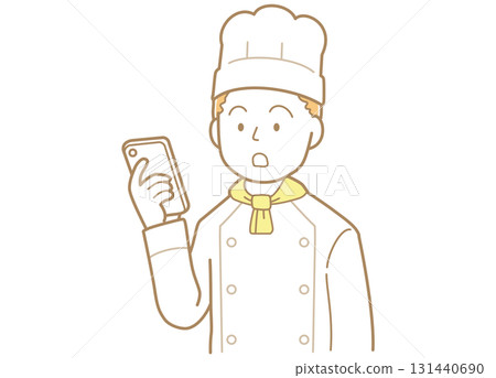 一位年輕男廚師看著智慧型手機螢幕的插圖 131440690