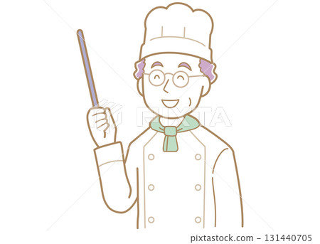 Illustration of a veteran chef pointing with a pointer Illustration of a veteran chef pointing with a pointer 131440705