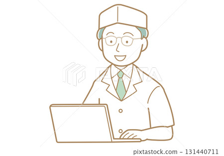 一位廚師看著電腦螢幕的插圖 131440711