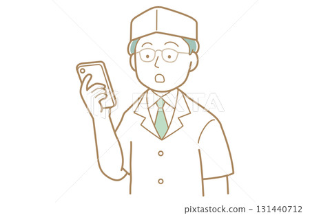一位廚師看著他的智慧型手機的插圖 131440712