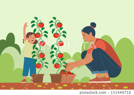 Minimalist Vector Illustration of Woman and Girl Harvesting Tomatoes 131440718