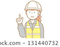 Illustration of a red-haired woman wearing a helmet and safety vest and work clothes pointing 131440732