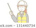 Illustration of a red-haired woman in work clothes, a helmet and a safety vest pointing with a pointer 131440734