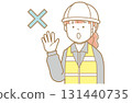 Illustration of a red-haired woman in work clothes, a helmet and a safety vest who refuses 131440735