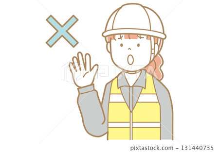 一名身穿工作服、戴著頭盔和安全背心的紅髮女子拒絕 一名身穿工作服、戴著頭盔和安全背心的紅髮女子拒絕 131440735