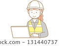 Illustration of a red-haired woman in work clothes, a helmet and a safety vest looking at a computer screen 131440737