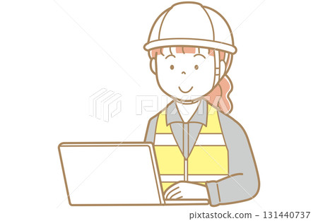 圖解:一位身穿工作服、頭戴安全帽、身穿安全背心的紅髮女子正看著電腦螢幕 圖解:一位身穿工作服、頭戴安全帽、身穿安全背心的紅髮女子正看著電腦螢幕 131440737
