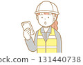 Illustration of a red-haired woman in work clothes, a helmet and a safety vest looking at a smartphone screen 131440738