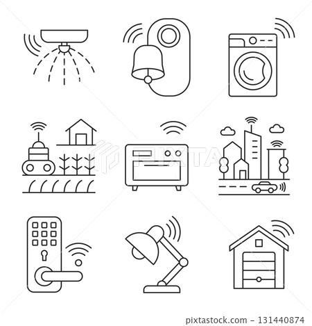 Smart technology line icon set with IoT devices, wireless automation, and digital home control, vector. 131440874