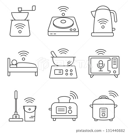 Smart home appliances line icons with wireless connectivity, IoT automation, and modern technology, vector. Smart home appliances line icons with wireless connectivity, IoT automation, and modern technology, vector. 131440882