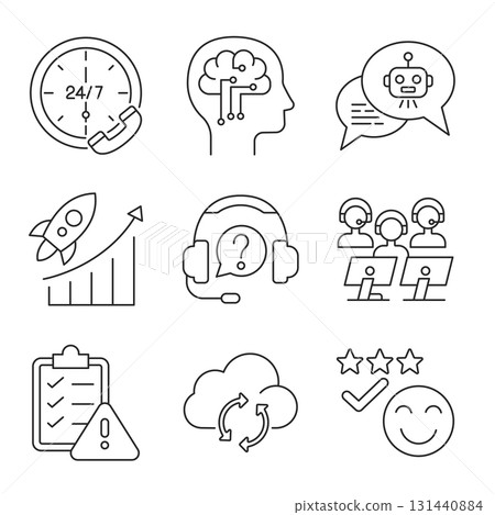 Customer support and AI communication line icons with chatbot, cloud sync, business growth, and service management, vector. 131440884