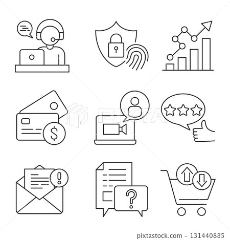 Business and technology line icons featuring customer service, cybersecurity, analytics, online shopping, video calls, and financial transactions, vector. 131440885