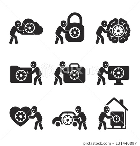 Thief stealing concept solid icon set with vault locks on cloud, brain, padlock, folder, house, computer, heart, vector. 131440897