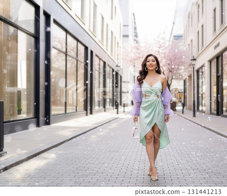 An elegant, smiling Asian woman walking lightly down an urban street amidst falling cherry blossoms 131441213