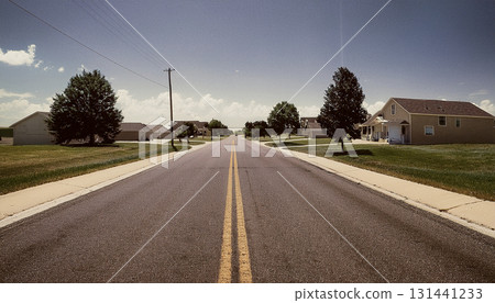 An old American suburban landscape with straight roads An old American suburban landscape with straight roads 131441233