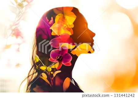 medium shot of a woman, stunning double exposure effect 131441242