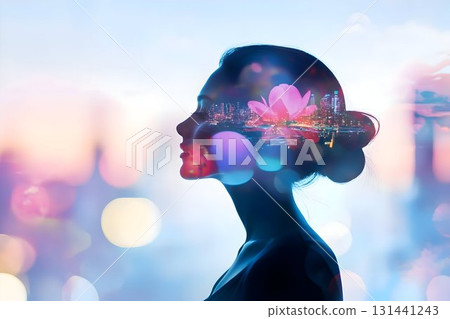 medium shot of a woman, stunning double exposure effect 131441243