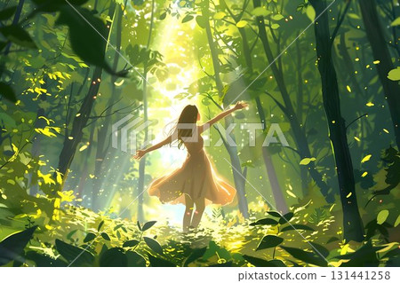woman in the middle forest sunlight filters through the tall trees woman in the middle forest sunlight filters through the tall trees 131441258