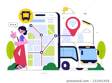 Smart Public Transport System Illustration Featuring Mobile Tracking Interface, Bus, and Urban Area GPS Map Navigation with Cloud Computing Technology Smart Public Transport System Illustration Featuring Mobile Tracking Interface, Bus, and Urban Area GPS Map Navigation with Cloud Computing Technology 131441458