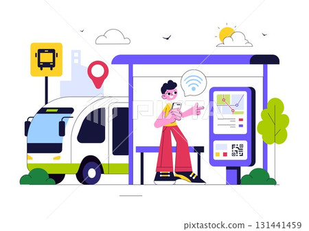 Smart Public Transport System Illustration Featuring Mobile Tracking Interface, Bus, and Urban Area GPS Map Navigation with Cloud Computing Technology 131441459