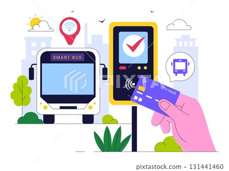 Smart Public Transport System Illustration Featuring Mobile Tracking Interface, Bus, and Urban Area GPS Map Navigation with Cloud Computing Technology 131441460