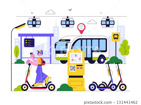 Smart Public Transport System Illustration Featuring Mobile Tracking Interface, Bus, and Urban Area GPS Map Navigation with Cloud Computing Technology 131441462