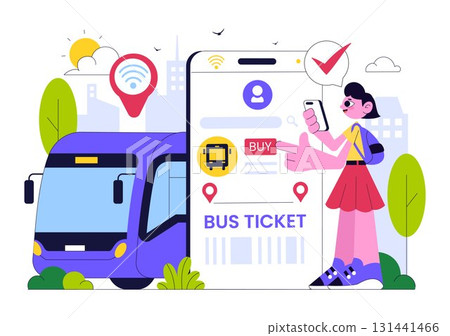 Smart Public Transport System Illustration Featuring Mobile Tracking Interface, Bus, and Urban Area GPS Map Navigation with Cloud Computing Technology 131441466