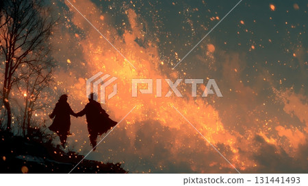 Lovers holding hands in outer space 131441493