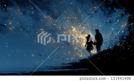 Lovers holding hands in outer space 131441496