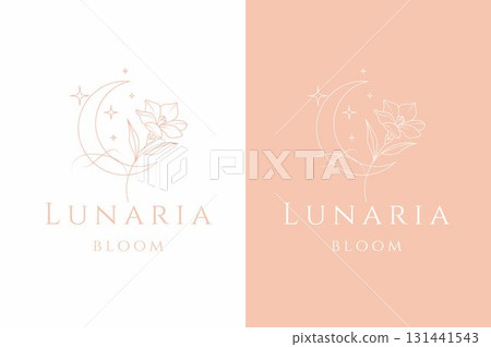 Minimalist Crescent Moon and Flower Thin Line Aesthetic Logo Design for Cosmetic Packaging, Flower Shop, and Beauty Products 131441543