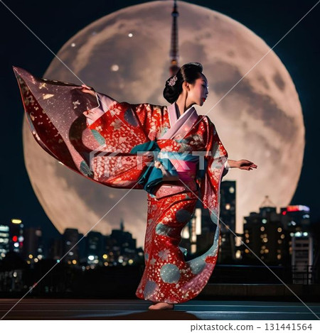 A woman in a red kimono dancing on a full moon night and the night view of Tokyo A woman in a red kimono dancing on a full moon night and the night view of Tokyo 131441564