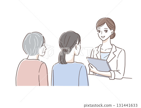 Illustration material of a parent and child receiving an explanation from a female doctor Illustration material of a parent and child receiving an explanation from a female doctor 131441633