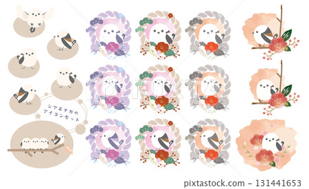 新年裝飾花圈和長尾山雀日式圖示套裝(新年卡片、冬至卡) 新年裝飾花圈和長尾山雀日式圖示套裝(新年卡片、冬至卡) 131441653