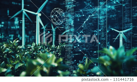 Green energy concept with wind turbines and cityscape. 131441716