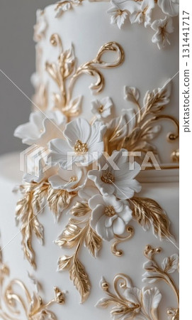Wedding cake decorated with white flowers and gold ornaments. 131441717
