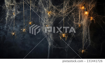 Halloween background with spiders and cobwebs on dark background Halloween background with spiders and cobwebs on dark background 131441726
