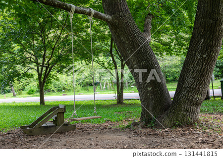 在公園裡懸掛在樹幹上的木製盪鞦韆 131441815