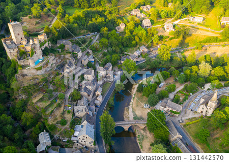 Aerial view of French village of Belcastel with castle in summer 131442570