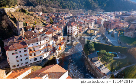 Autumn view of mountainous Spanish town of Camprodon in Pyrenees on Ter river 131442819